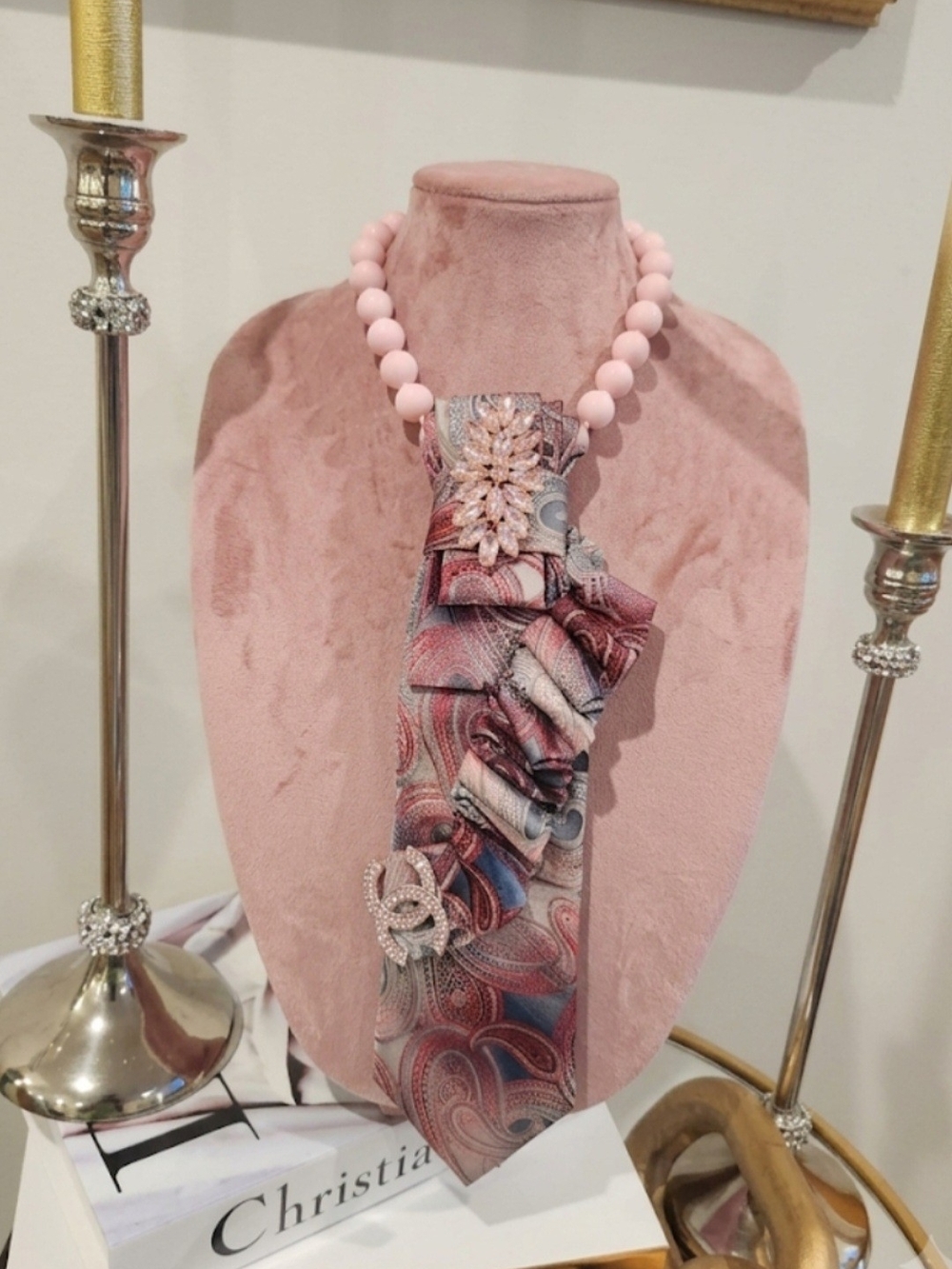 Blush Pink Statement Tie with Paisley Fabric & Pendant